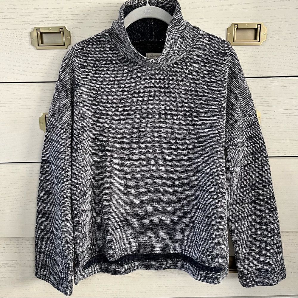 Madewell Women’s Mockneck Pullover Top Blue and White Comfy Size Large - Picture 5 of 8